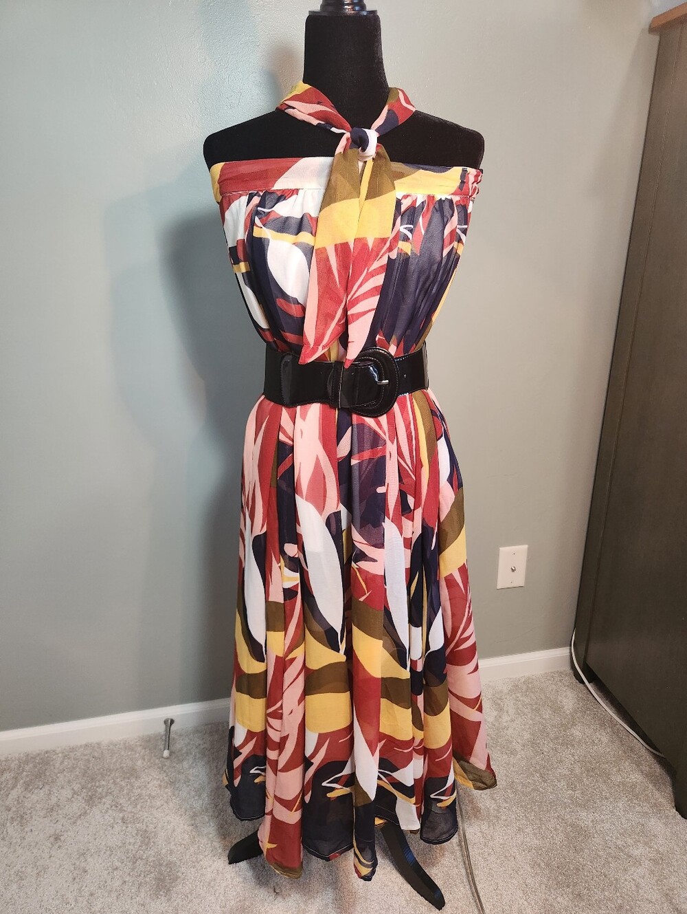Tropical Print Halter Maxi Dress/Skirt in Coral, Navy & Mustard - Moon Orchid